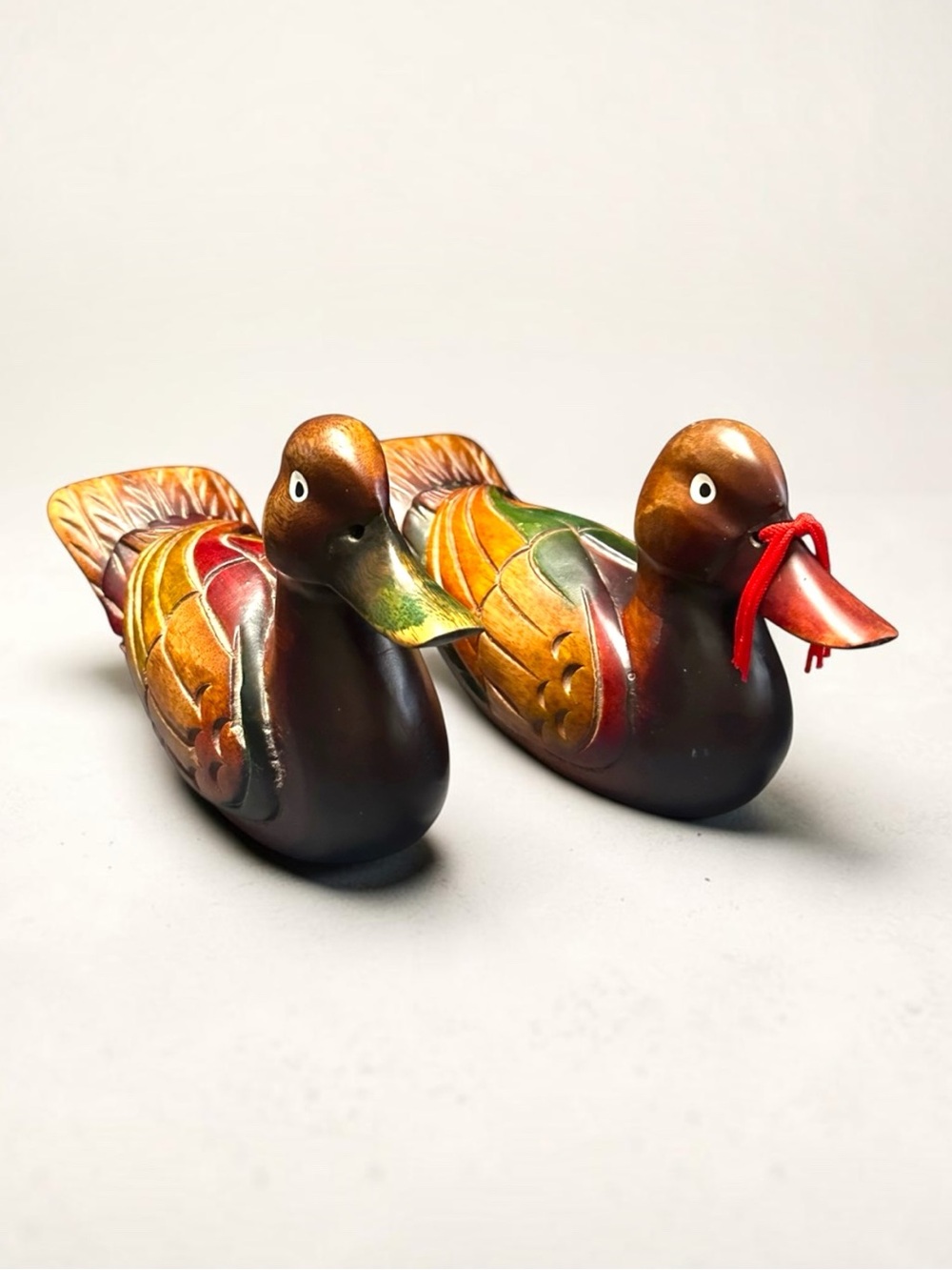 Vintage Korean Wedding Ducks Hand Carved & Painted Pair